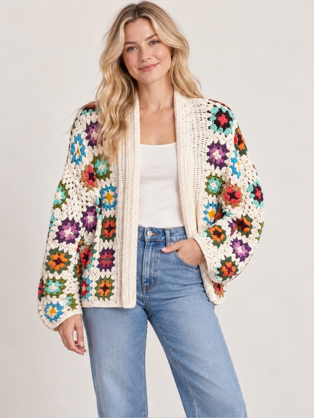 Anthropologie In Our Nature Granny Square Cardigan Cream & Multicolor
